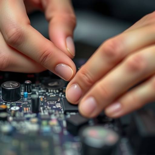 Close-up van handen die een complex elektronisch apparaat assembleren, met zachte belichting