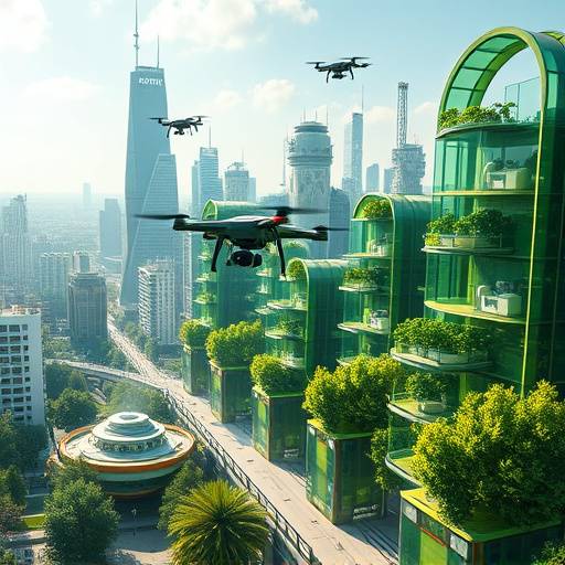 Conceptuele visualisatie van een groene stad met futuristische gebouwen en drones, voor een duurzaamheidsproject.