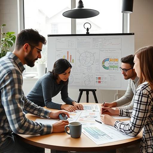 Een team dat samenwerkt aan een storyboard en conceptontwikkeling voor een nieuwe videocampagne.