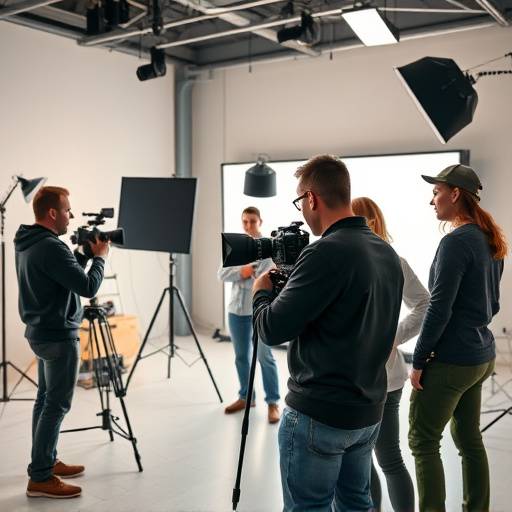 Een team van Lumina Studios werkt samen aan een videoproject in een moderne studio-opstelling, met focus op een camerapersonen die het beeld kadreert.