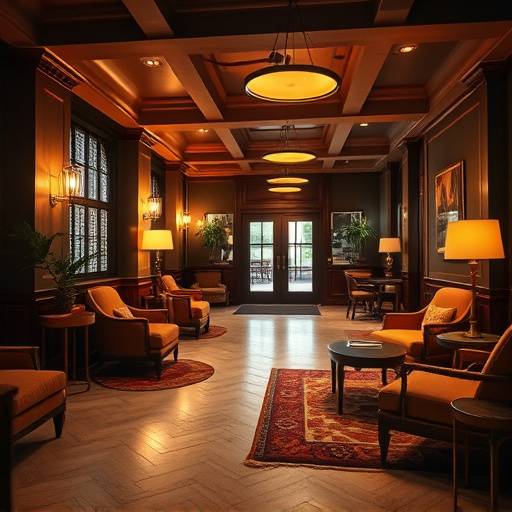 Gezellige sfeer in een boetiek hotel lobby met warme verlichting en unieke interieurdetails.